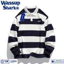 宽松情侣装 Shark日系条纹翻领长袖 polo领上衣女 卫衣男秋季 Wassup