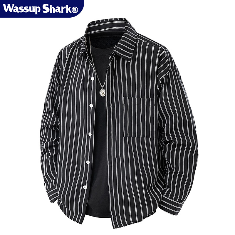 潮牌日系春秋季条纹复古衬衫男