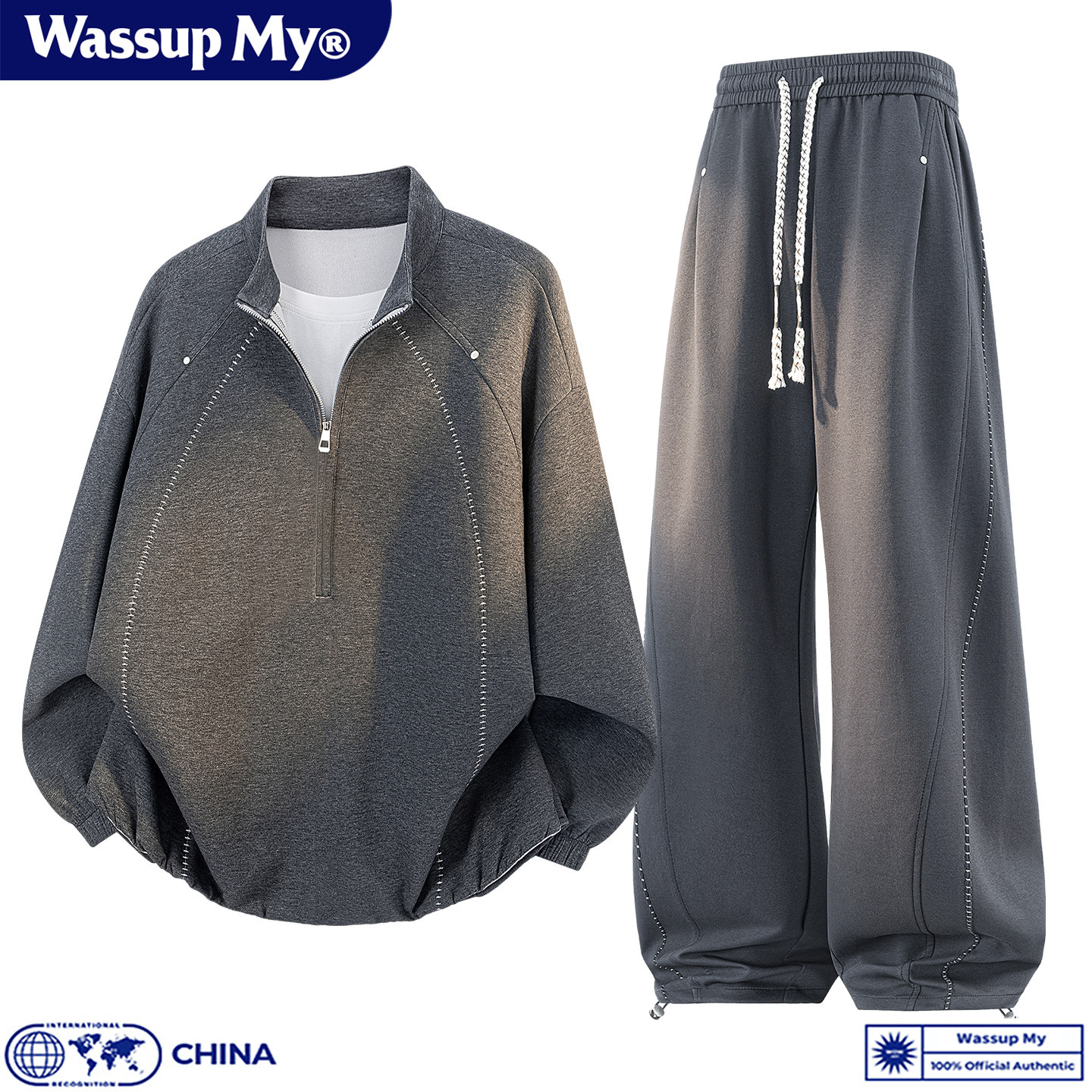 WASSUP MY假两件半拉链立领卫衣套装男秋季新款休闲运动上衣裤子