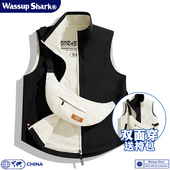 Wassup Shark潮牌两面穿马甲男春秋季 情侣宽松百搭坎肩背心外套女