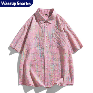 Wassup Shark美式泡泡纱短袖衬衫男夏季薄款设计感速干衬衣外套潮