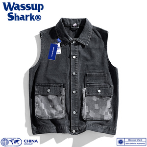 Wassup Shark日系牛仔马甲男春秋季复古工装坎肩休闲百搭翻领上衣