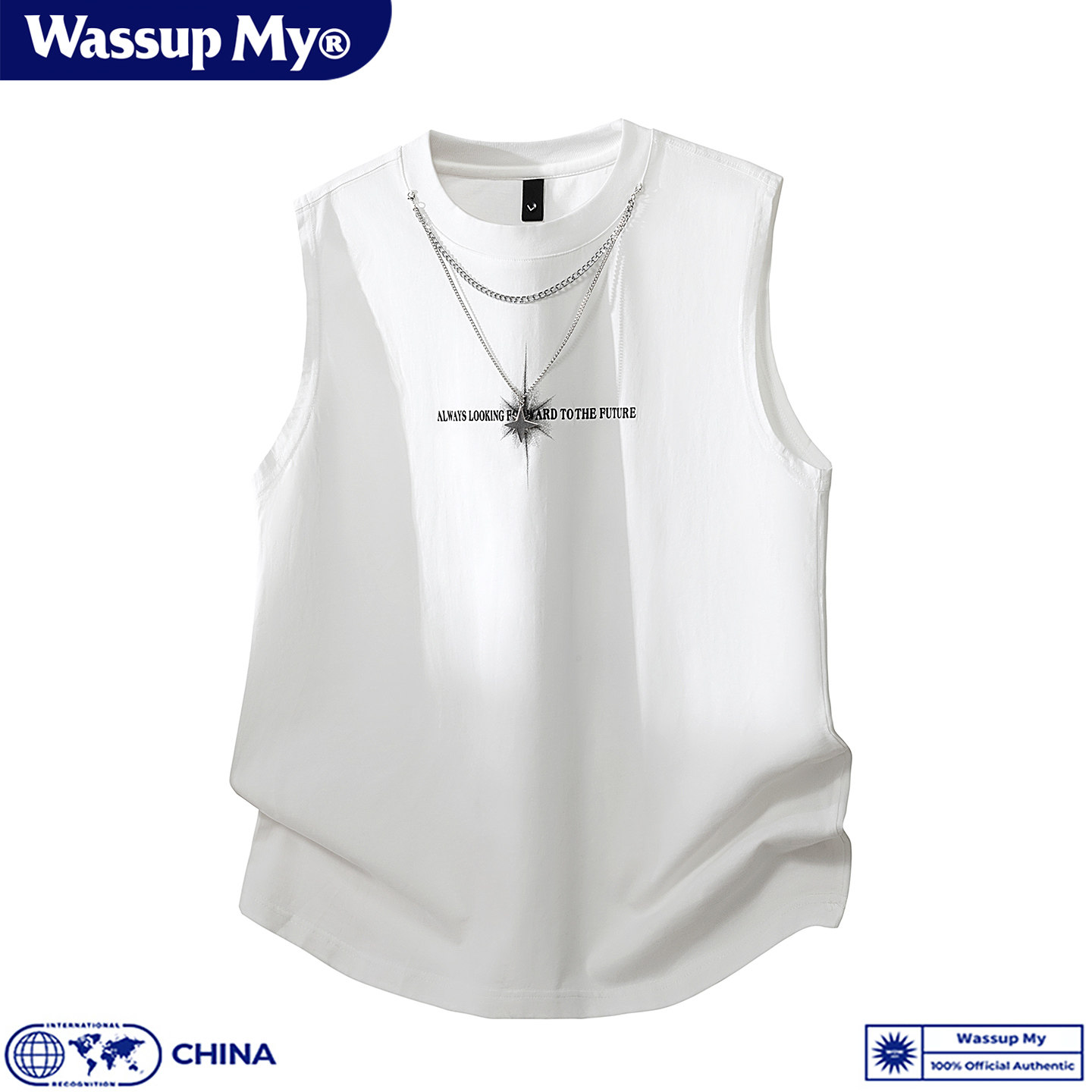 WASSUP MY美式字母印花纯棉无袖背心男夏季休闲宽松潮牌链条坎肩