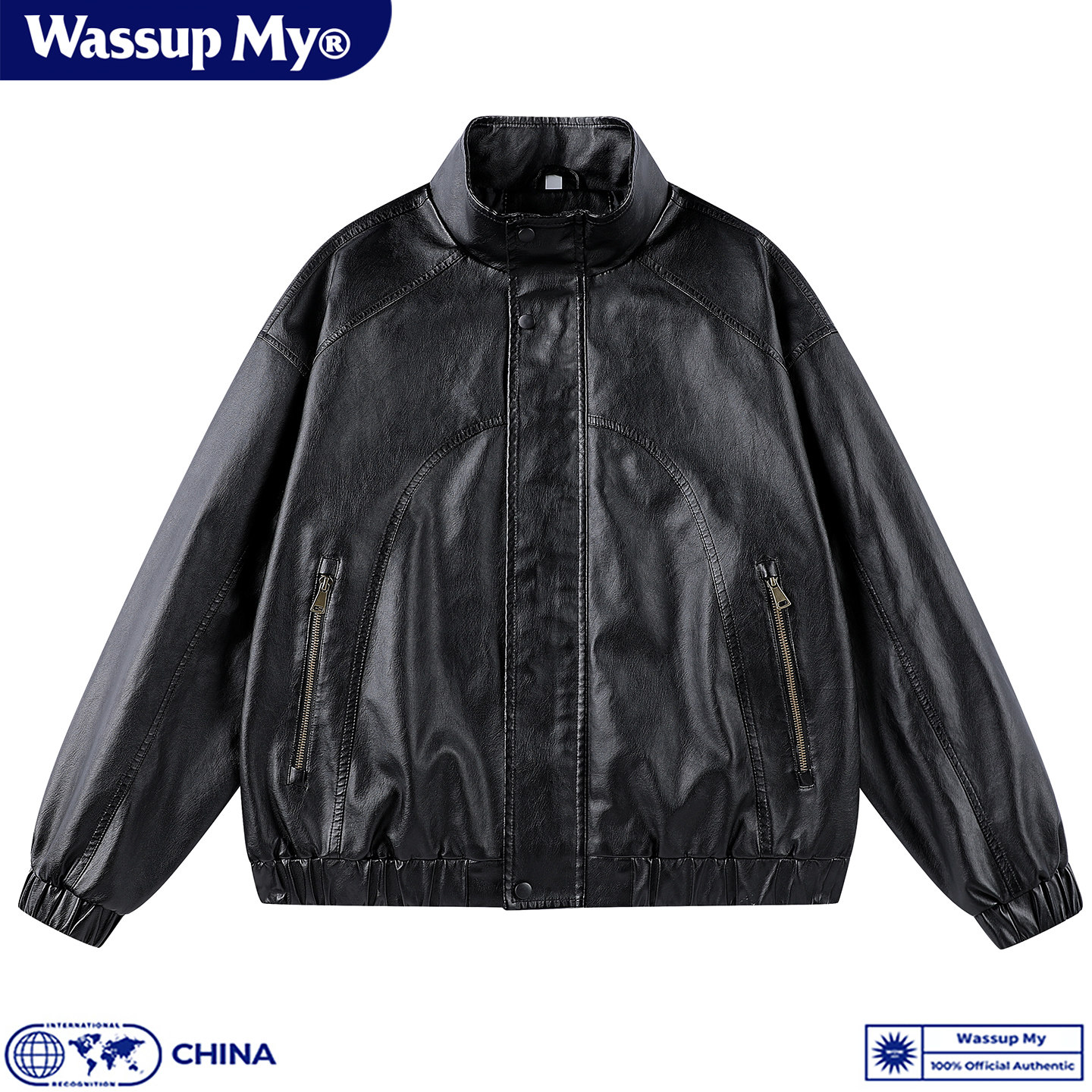 WASSUP MY美式复古立领PU皮衣外套男秋季休闲宽松防风机车夹克潮