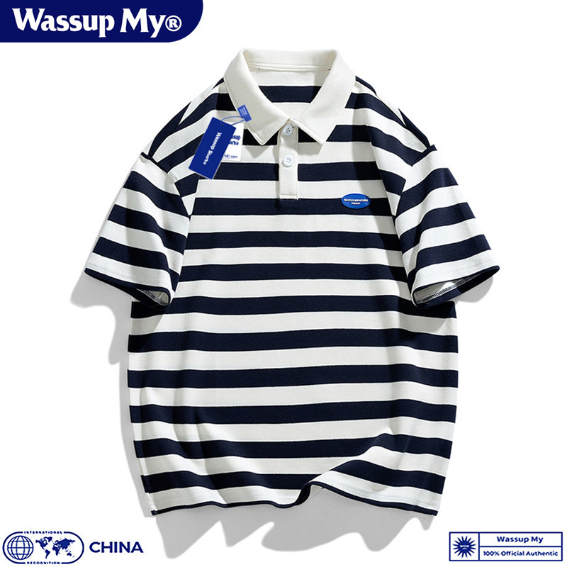 Wassup My日系条纹POLO衫短袖T恤男夏 珠地棉透气宽松休闲翻领