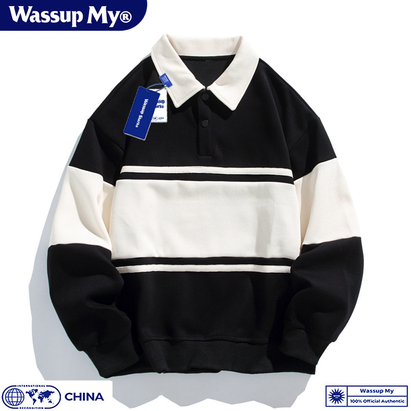 Wassup My美式复古翻领卫衣男秋季宽松polo衫男女情侣学生上衣潮