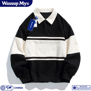 Wassup My美式复古翻领卫衣男秋季宽松polo衫男女情侣学生上衣潮