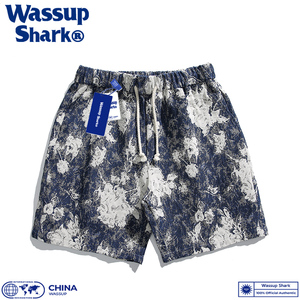 Wassup Shark潮复古满花短裤男vintage油画夏威夷风休闲沙滩裤女
