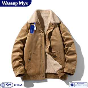 Wassup My美式复古麂皮羊羔绒外套男秋冬季加厚保暖棉衣夹克潮流