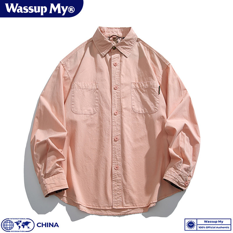 Wassup My纯色工装长袖衬衫男女情侣春秋纯棉宽松百搭休闲外套潮
