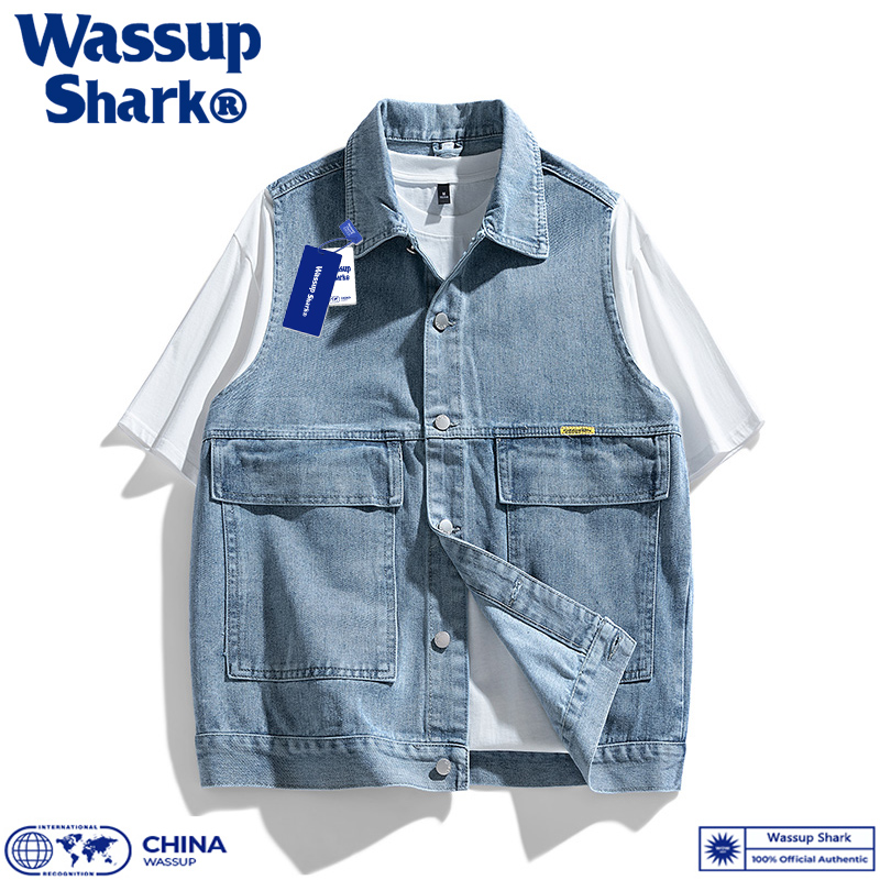 Wassup Shark美式牛仔马甲男春秋夏复古工装坎肩休闲百搭翻领上衣