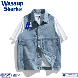 Wassup Shark美式牛仔马甲男春秋夏复古工装坎肩休闲百搭翻领上衣