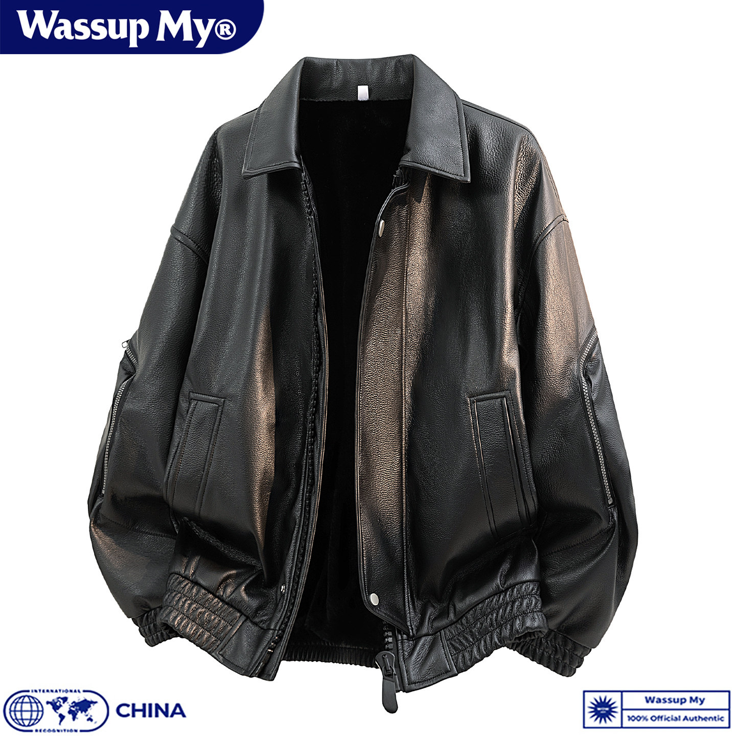 WASSUP MY美式复古翻领皮衣男秋冬加绒加厚宽松百搭潮流夹克外套