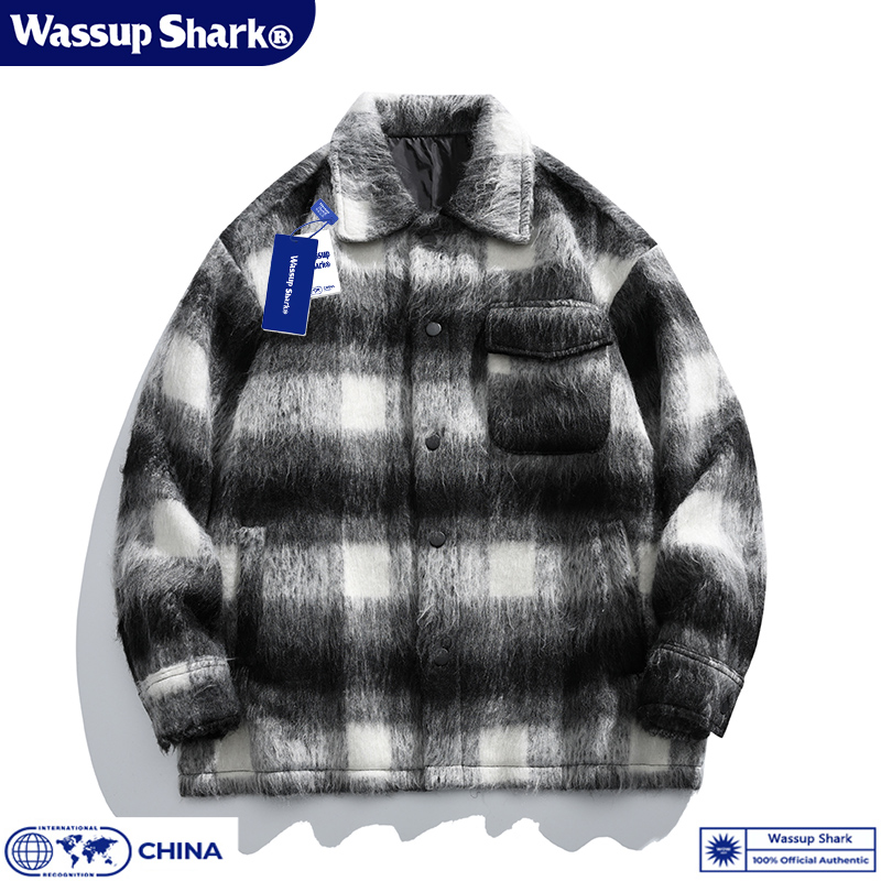 Wassup Shark潮牌复古毛呢格子外套男秋冬季慵懒休闲宽松保暖夹克