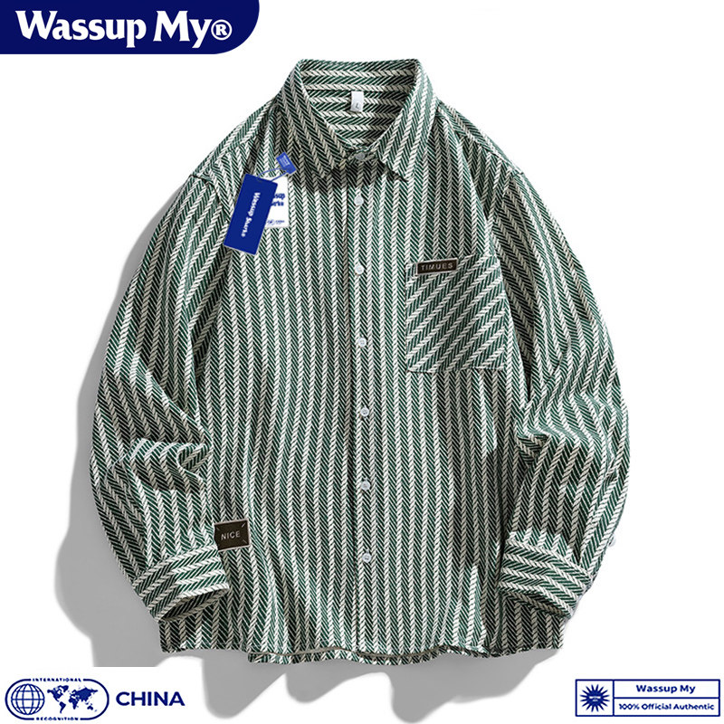 Wassup My日系条纹复古衬衫男女春秋牛仔提花夹克外套休闲衬衣潮