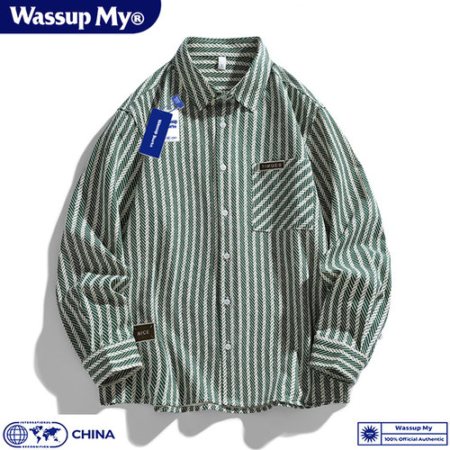 潮牌美式复古条纹衬衫男牛仔提花