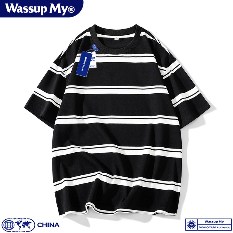Wassup My日系条纹短袖T恤男纯棉夏学生情侣圆领休闲宽松五分袖女