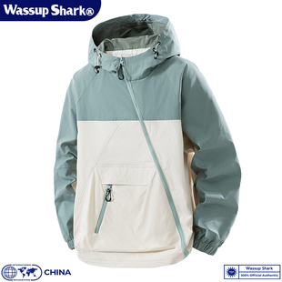 Wassup Shark拼接撞色连帽斜拉链外套男女户外防风防水夹克冲锋衣