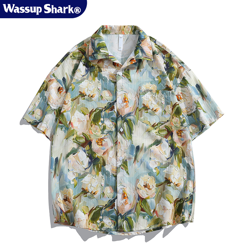 Wassup Shark复古花卉满印短袖衬衫男夏季休闲宽松夏威夷沙滩衬衣
