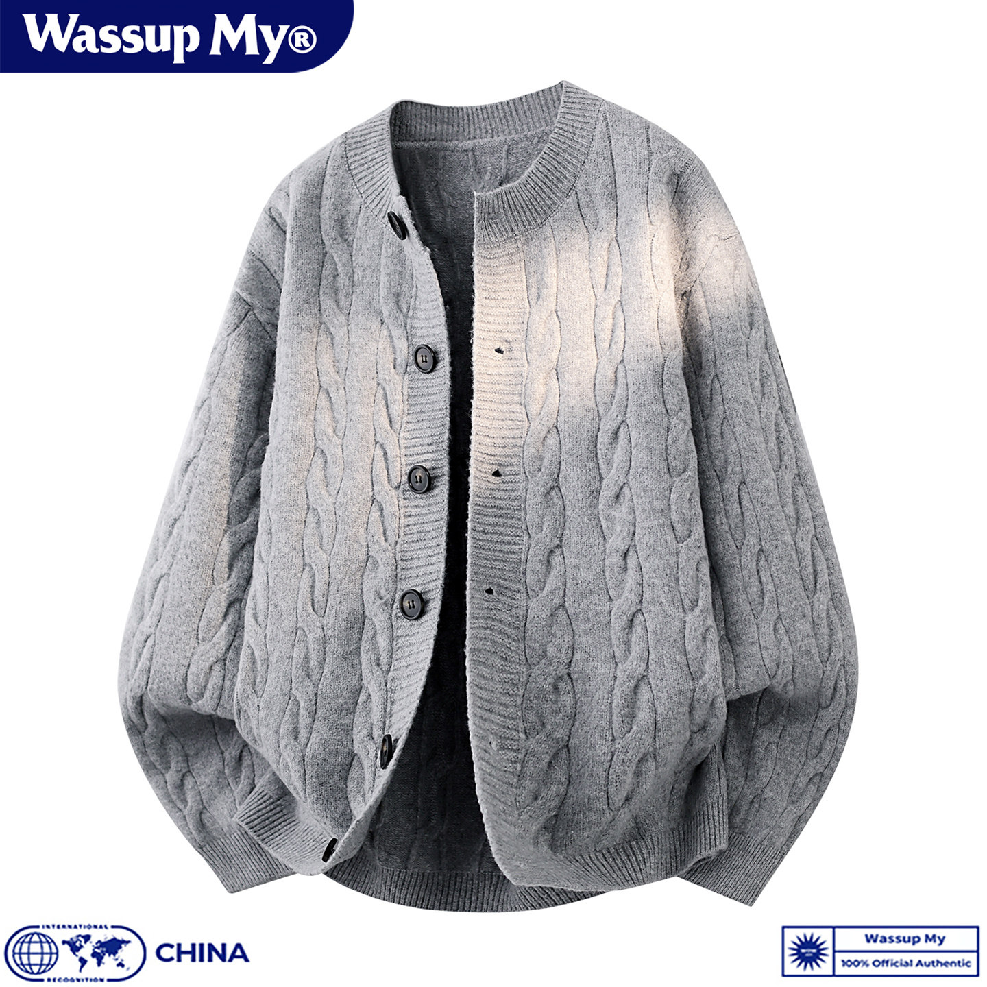 WASSUP MY麻花纹圆领针织开衫男秋冬保暖宽松休闲风潮流毛衣外套