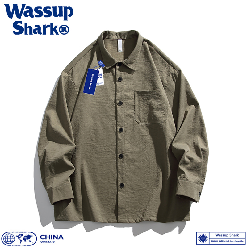 Wassup Shark日系复古衬衫外套男秋季山系开衫长袖衬衣休闲夹克潮