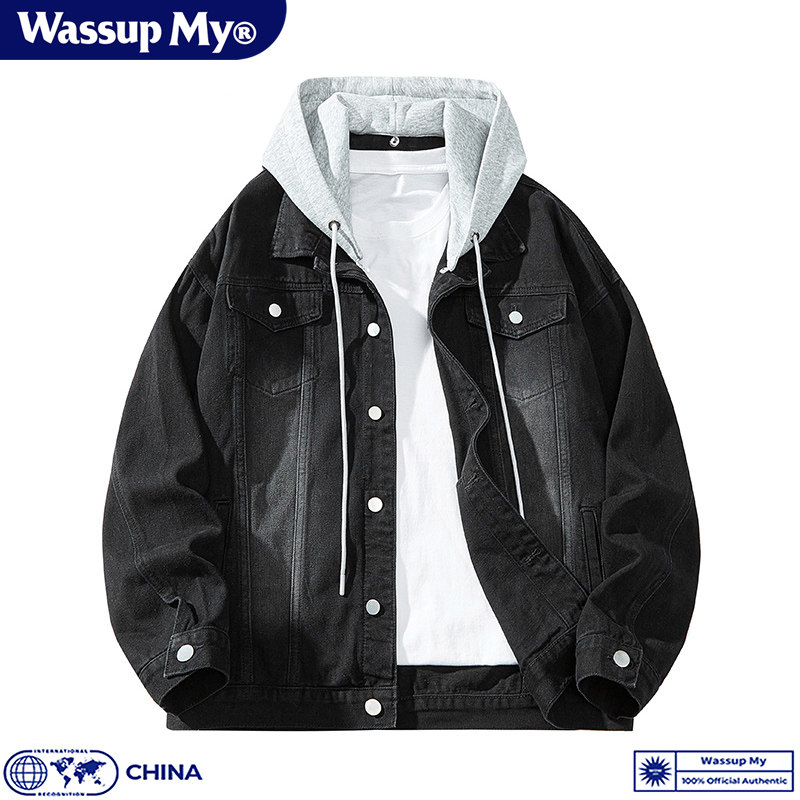 Wassup My美式连帽牛仔外套男春秋季复古工装夹克百搭翻领上衣潮