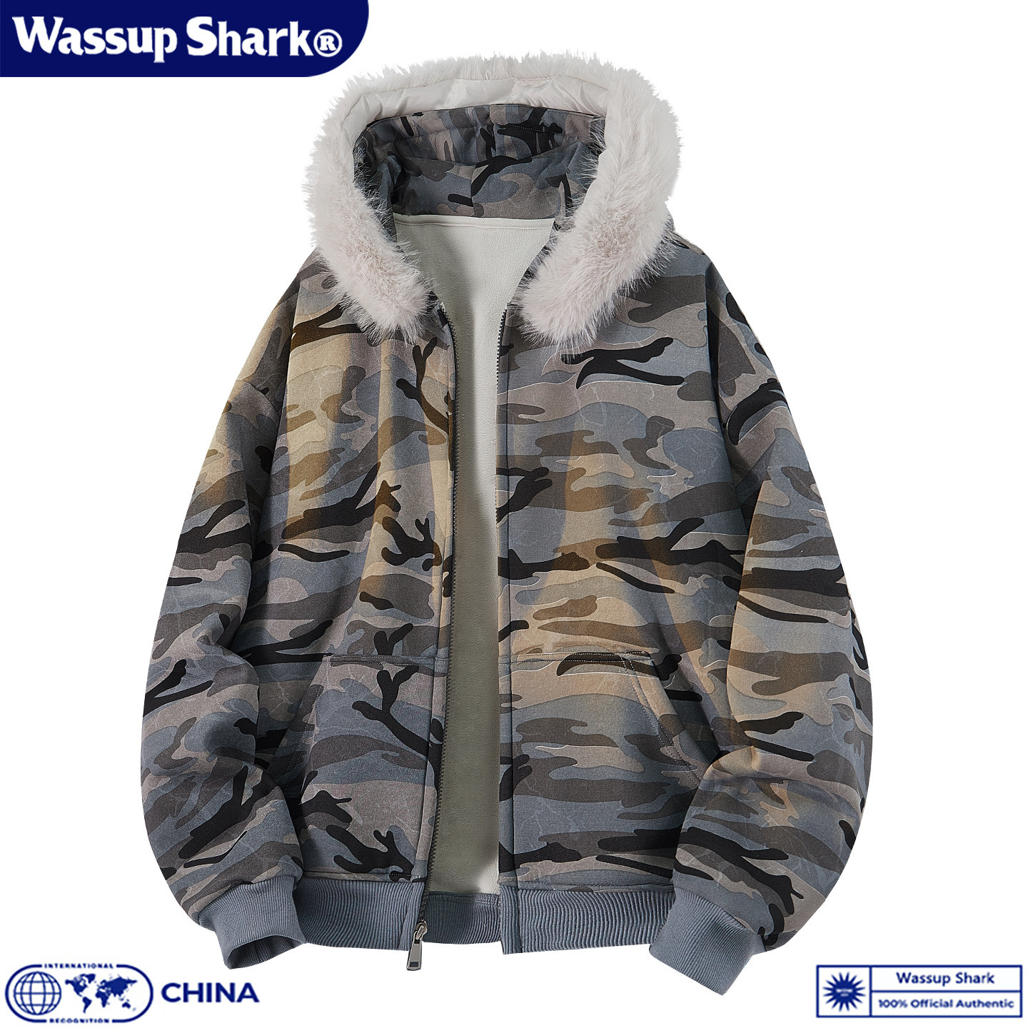 Wassup Shark美式复古迷彩风毛领夹克男秋冬加绒加厚保暖连帽外套,男装,夹克,淘宝优惠券,粉丝福利购,淘宝优惠卷
