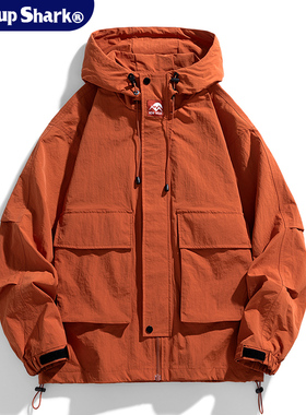Wassup Shark日系工装连帽冲锋衣外套男秋季户外三防登山夹克上衣