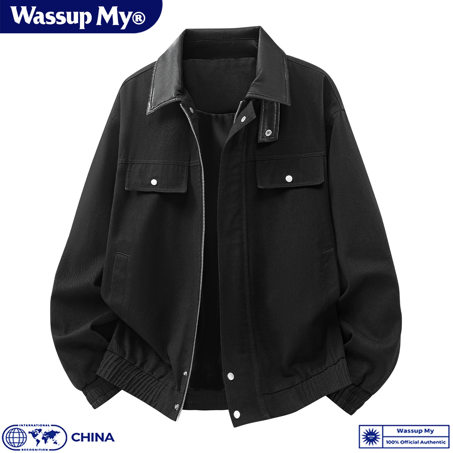 WASSUP MY美式翻领夹克男秋季宽松撞色高级感拉链工装上衣外套