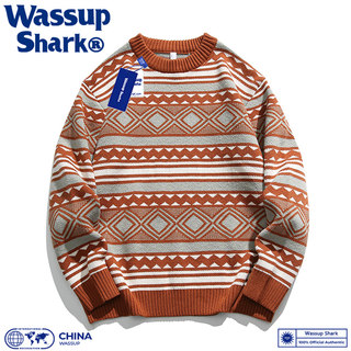 Wassup Shark针织圆领毛衣男女情侣款秋冬季宽松条纹加厚打底衫女