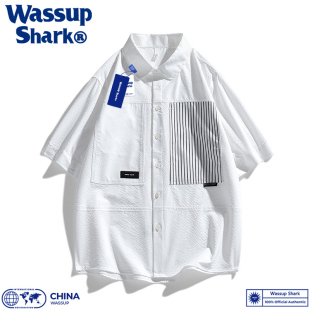 男夏薄款 Wassup 衬衫 Shark日系cityboy短袖 休闲拼接衬衣港风半袖