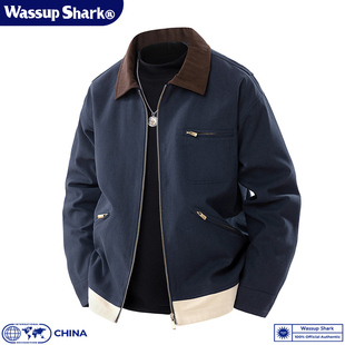 Wassup Shark美式复古工装撞色翻领夹克男春秋季潮牌休闲宽松外套