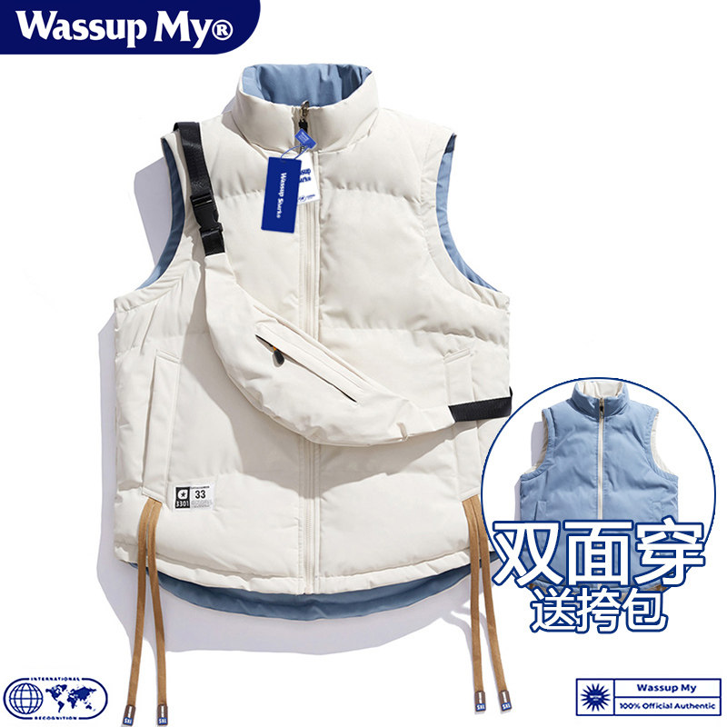 Wassup My潮牌双面穿马甲男女情侣秋冬季加厚保暖羽绒棉服无袖