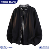 宽松大码 Wassup 夹克男春秋季 休闲格子假两件开衫 外套潮 Shark美式