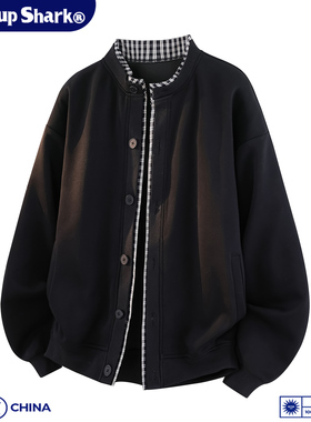 Wassup Shark美式休闲格子假两件开衫夹克男春秋季宽松大码外套潮