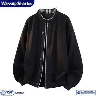 宽松大码 Wassup 夹克男春秋季 休闲格子假两件开衫 外套潮 Shark美式