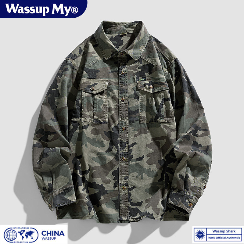 Wassup My美式复古迷彩工装衬衫男士春秋工作长袖翻领夹克外套潮