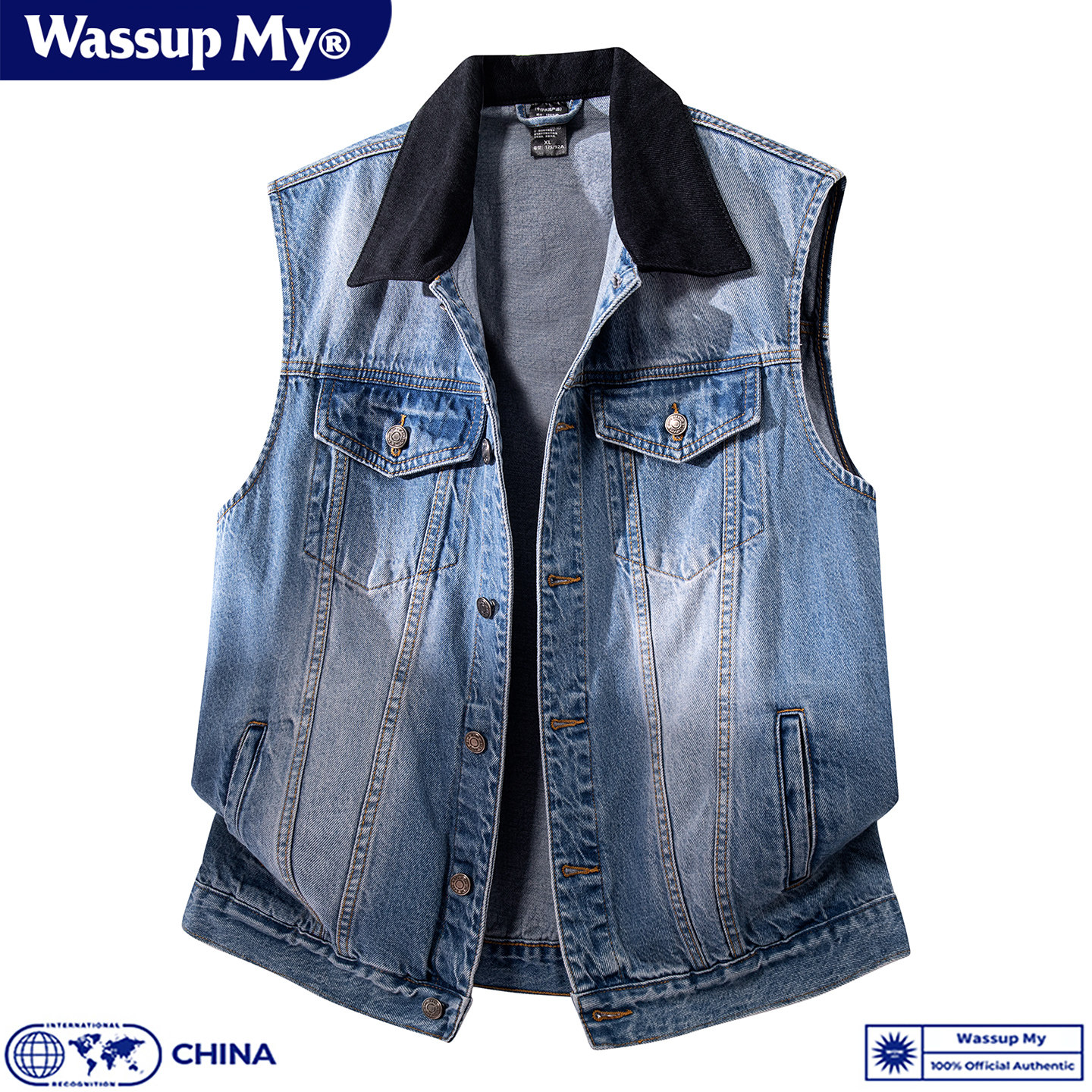 WASSUP MY复古纯棉牛仔无袖马甲男女休闲宽松百搭工装马甲外套潮