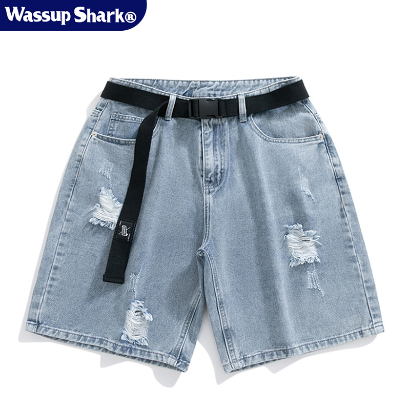 Wassup Shark美式做旧破洞牛仔短裤男夏季薄款五分裤宽松休闲裤子