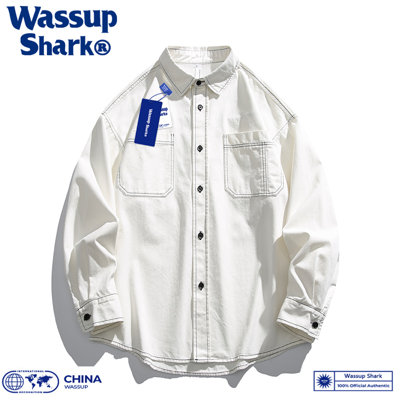 Wassup Shark日系新款休闲工装衬衫男春秋撞色线条翻领开衫外套女
