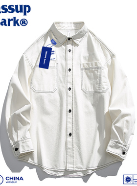 Wassup Shark日系新款休闲工装衬衫男春秋撞色线条翻领开衫外套女