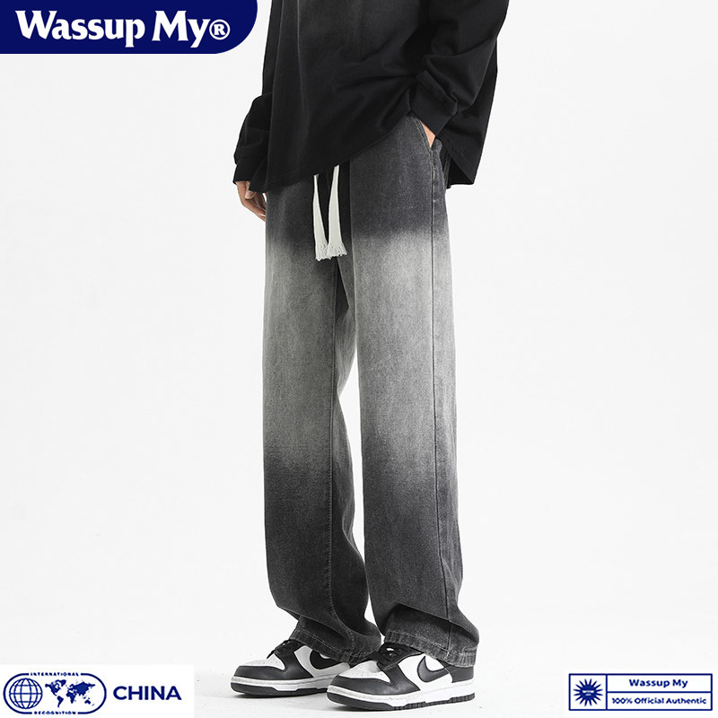 Wassup My美式直筒牛仔裤男秋冬潮牌休闲宽松阔腿高街百搭长裤