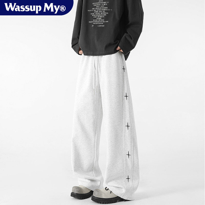 Wassup My美式重磅灰色运动卫裤男潮牌直筒垂感休闲百搭长裤潮牌
