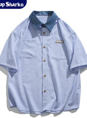 Wassup Shark日系复古格子短袖衬衫男休闲宽松cityboy情侣衬衣夏