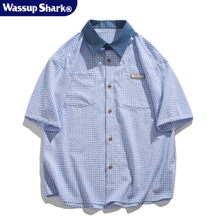Wassup Shark日系复古格子短袖衬衫男休闲宽松cityboy情侣衬衣夏