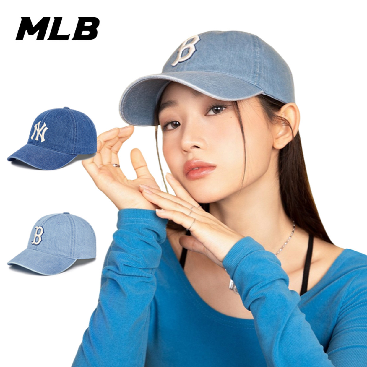 正品代购韩国MLB棒球帽子防晒帽B字母韩版牛仔遮阳帽鸭舌帽男女夏