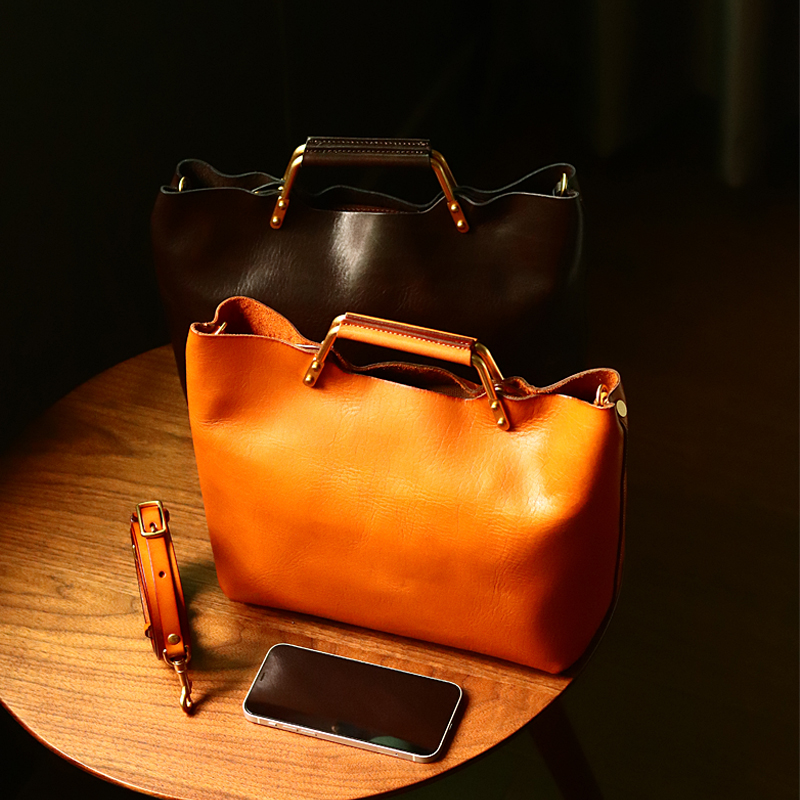 peshawar小众植鞣皮通勤包女士牛皮复古公文包手工真皮轻奢水桶包