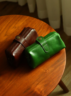 植鞣牛皮简约复古口金收纳盒手拿包真皮收纳袋首饰袋