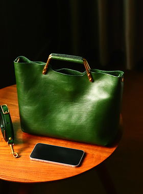 小众文艺复古菜篮子包包女士手工真皮水桶包植鞣牛皮子母包复古风