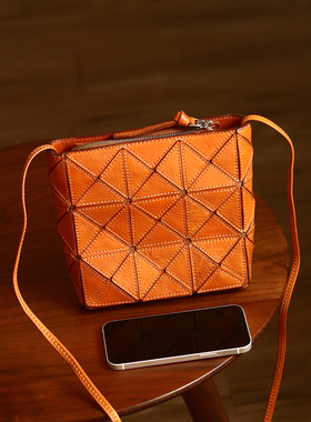 peshawar | 小众设计植鞣牛皮拼接小方包女士棕色春款真皮小包包